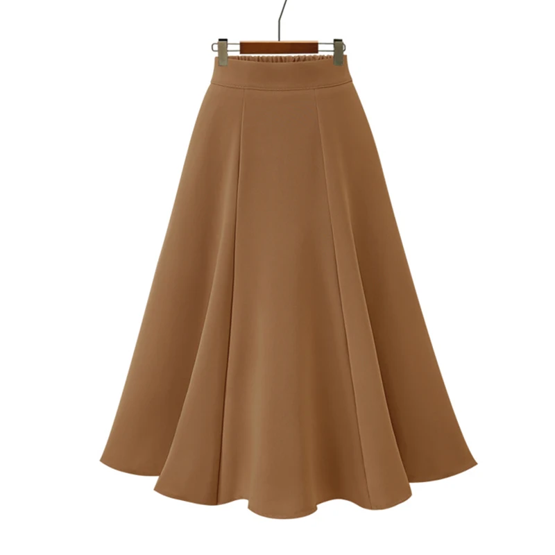 Brown Trytree/осенне-зимняя женская повседневная юбка, однотонная, 3 цвета, на молнии, с оборками, юбка, модная, трапециевидная, свободная, до середины икры, офисная, Женская юбка - Цвет: Brown