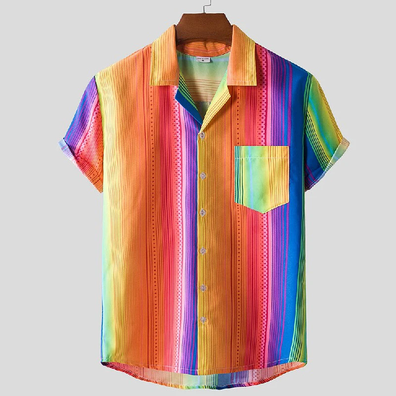 Precio reducido Arco Iris rayas Camisas de hombres playa hawaiana camisa hombres informal de Camisas de vacaciones diario Harajuku manga corta Streetwear 8bWZwYy03l3
