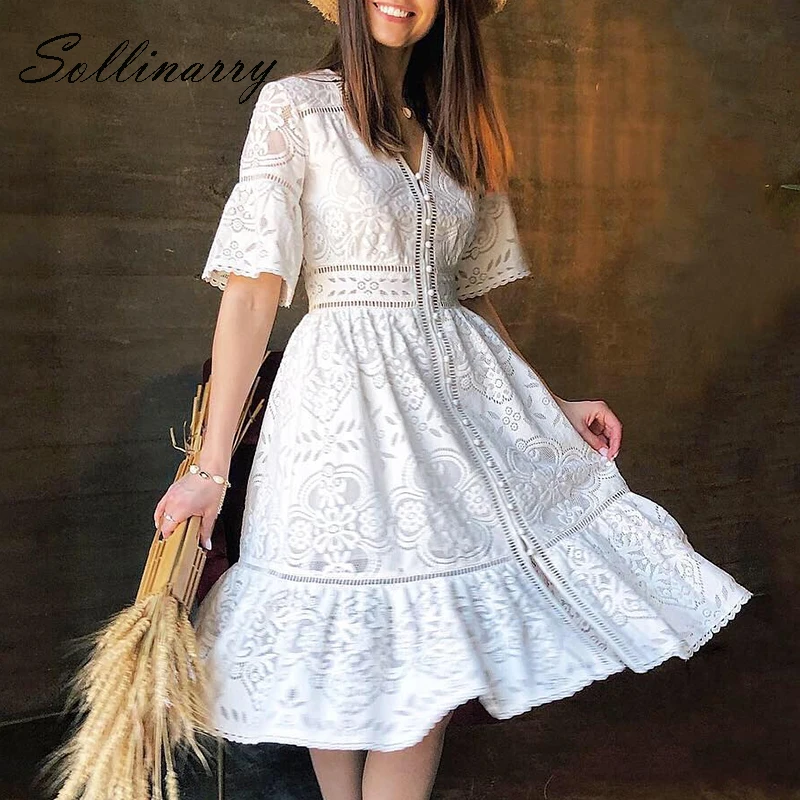 

Sollinarry Hollow Out White Midi Dress Women Summer High Waist Holiday Sexy Dresses Female 2020 Party Ruffles Dress Vestidos