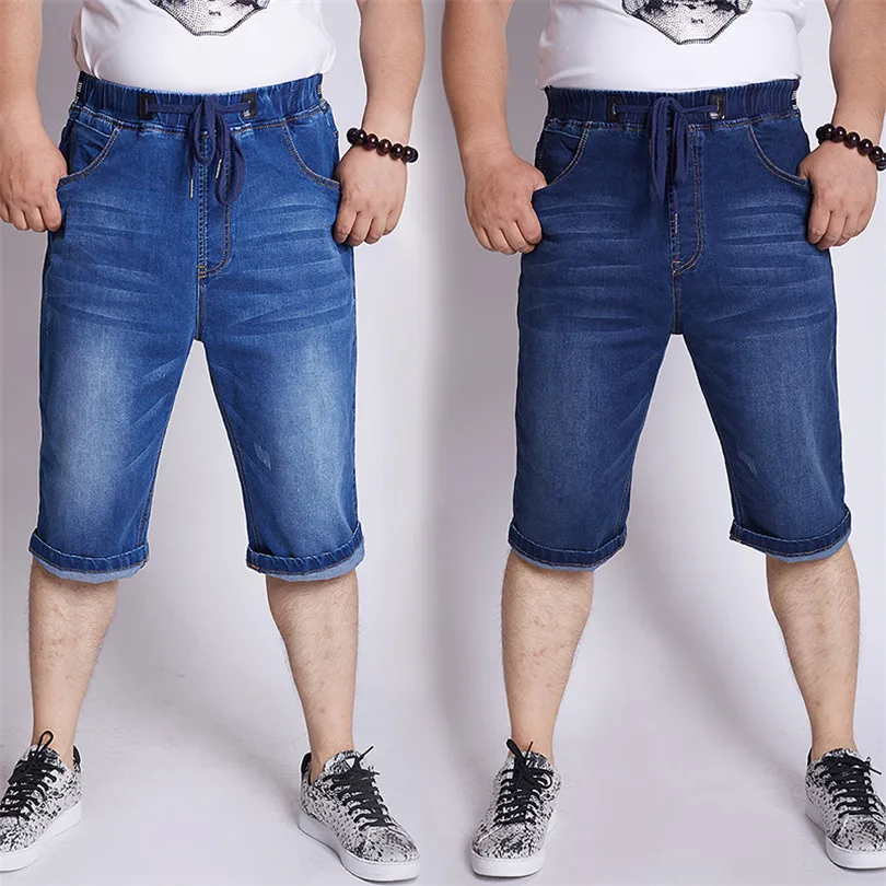 Большие размеры 40, 42, 44, 46, 48, новинка, летние мужские повседневные джинсовые шорты, модные, свободные, прямые, стрейч, светильник, синие, мужские шорты