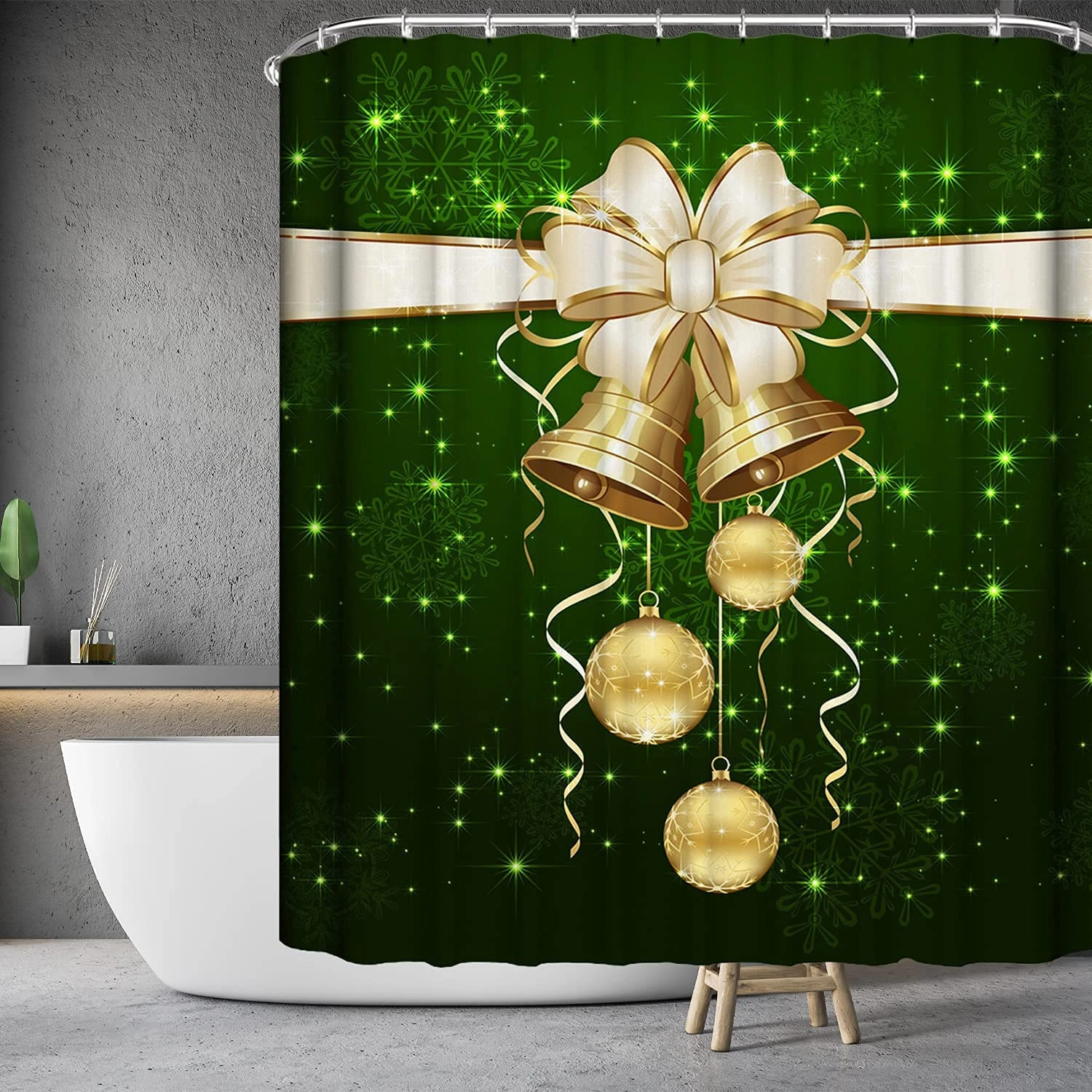 Cortina de ducha de Navidad, cortina de de tela impermeable con ganchos, de fondo verde, campana dorada|Cortinas de - AliExpress