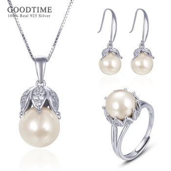 

Luxury Woman Jewelry Set Pure 925 Sterling Silver Set Freshwater Pearl Zircon Necklace Earrings Ring For Bride Wedding Party