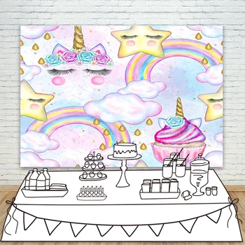 

Unicorn Rainbow Backdrop for Photography Cake and Stars Happy Birthday Background for Party Decoration Props Photo Booth Studio