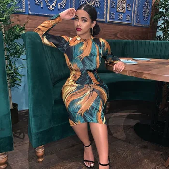 

2020 Long Sleeve Bodycon Dress Fashion Print Midi Dress Women Vintage Party Dress Club Outfits Streetwear vestidos de verano