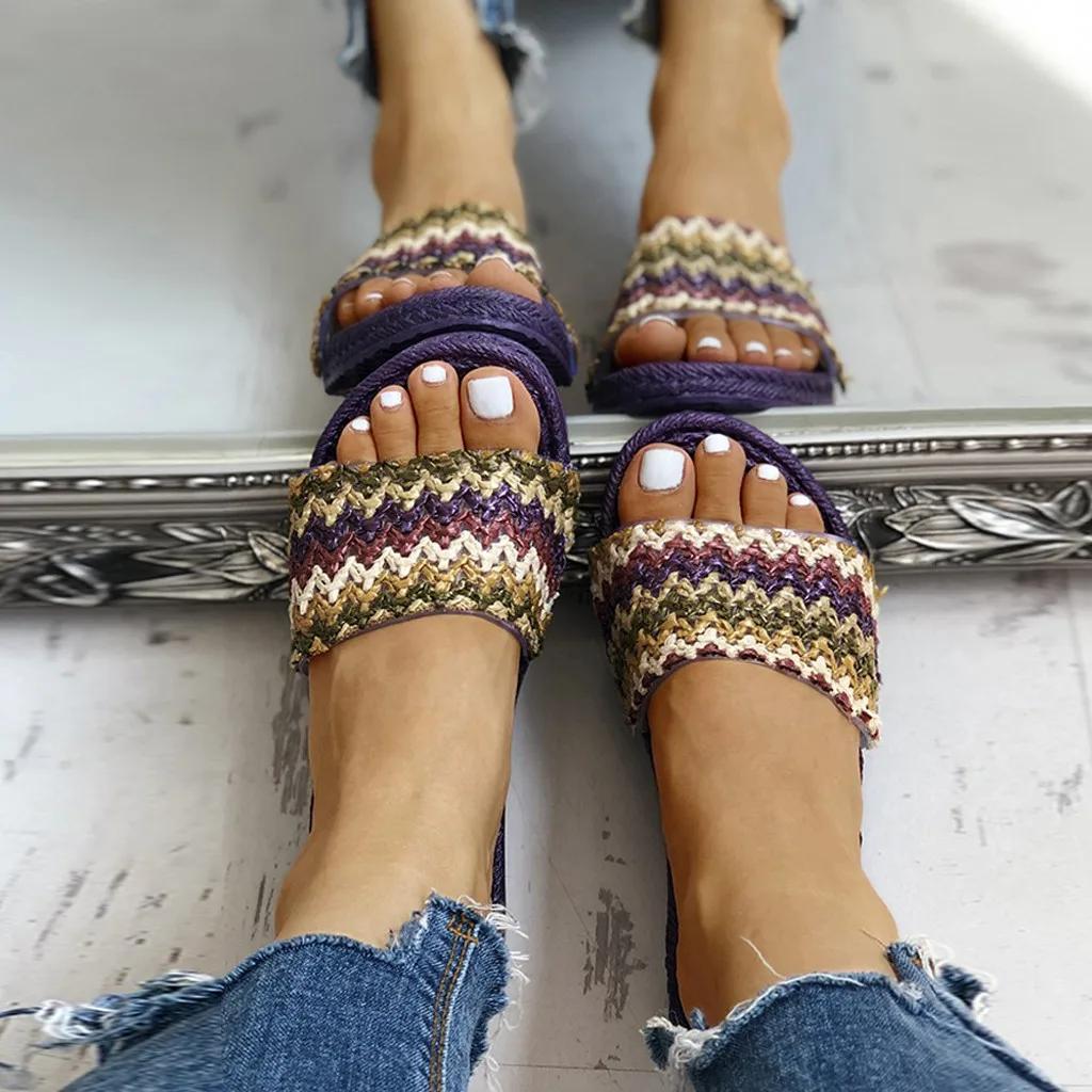 Женские плетеные соломенные тапочки в богемном стиле Летняя Пляжная