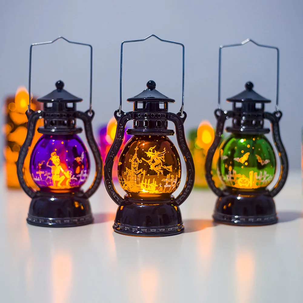 

Colorful Halloween Led Lantern Vintage Witch Castle Led Light Kerosene Shape Lamp Portable Party Hanging Decor