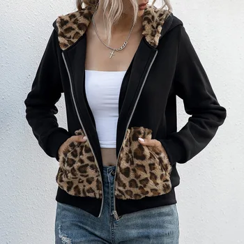 

Women Winter Autumn Leopard Patchwork Teddy Coat Autumn Hooded Fluffy Plush Winter Faux Fur Jacket Coat Women Plus Size Overcoat