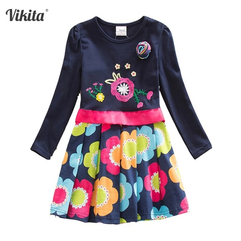 VIKITA Girls Flower Dresses Children Cotton Dress Long Sleeve Autumn Winter Cartoon Kids Dress For Girls Roupa Infantil Menina