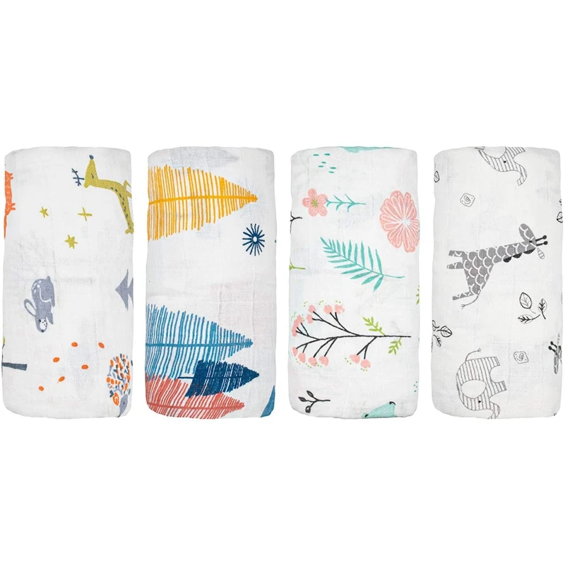

4 Pack Baby Muslin Swaddle Blankets, Soft Unisex Swaddle Wrap for Boys and Girls, Foxes/Elk/Elephants 43 x 47 Inches