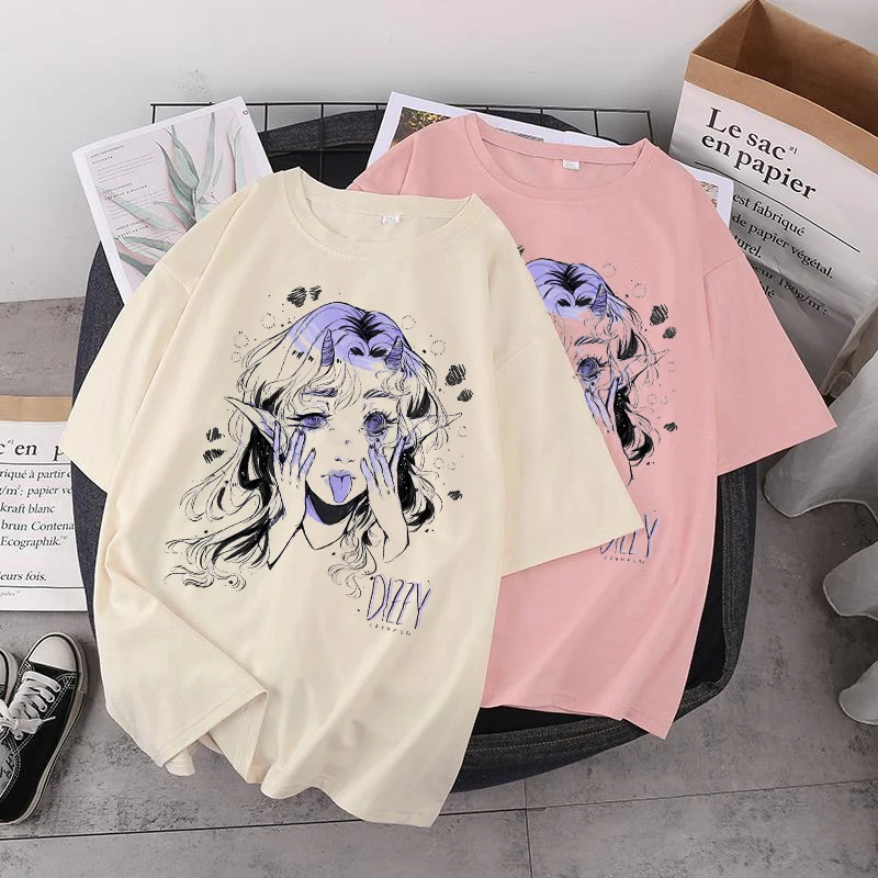 Women Casual Tshirt White Cartoon Funny Girl Printed Streetwear Female Tops Tee Short Sleeve Fashion T Shirt Hip Hop Clothes