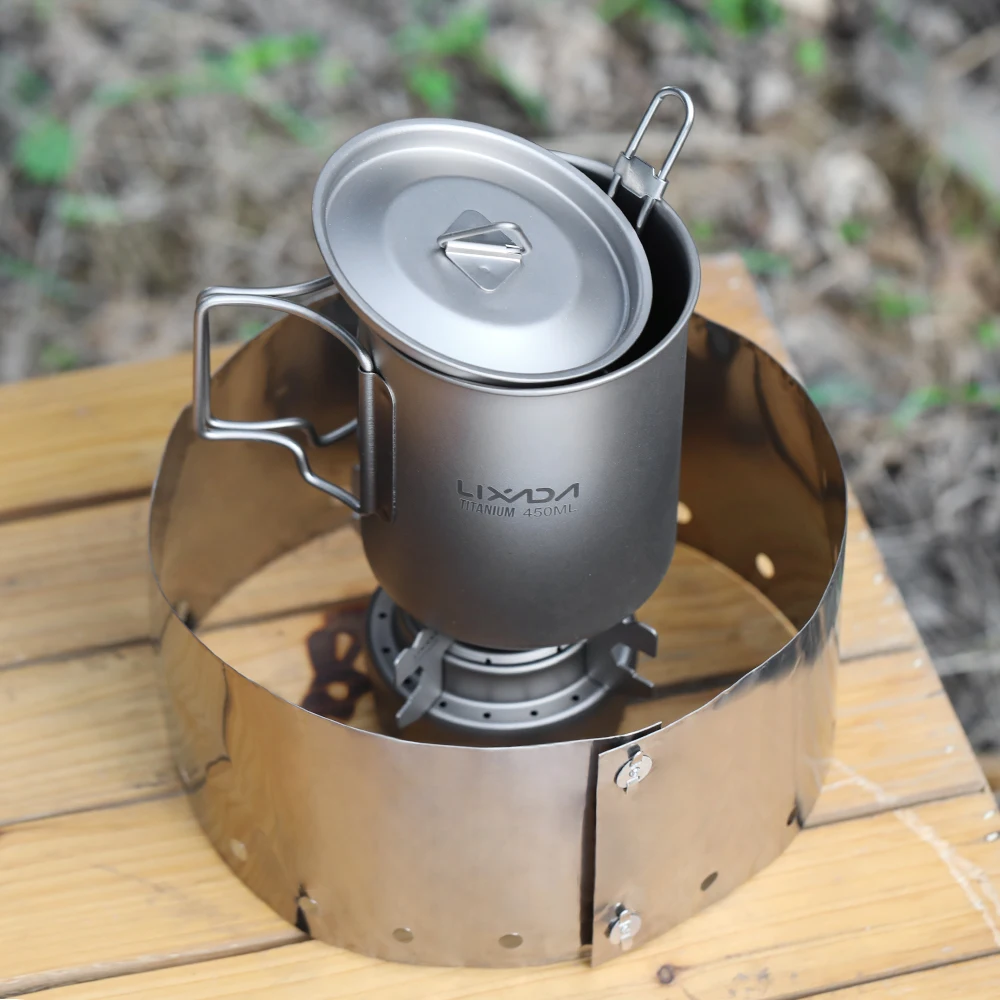

Hot New 5pcs Camping Stove Outdoor Cookware Set 450ml Water Cup Mug 750ml Pot Alcohol Stove Stand Rack with Foldable Spork Winds