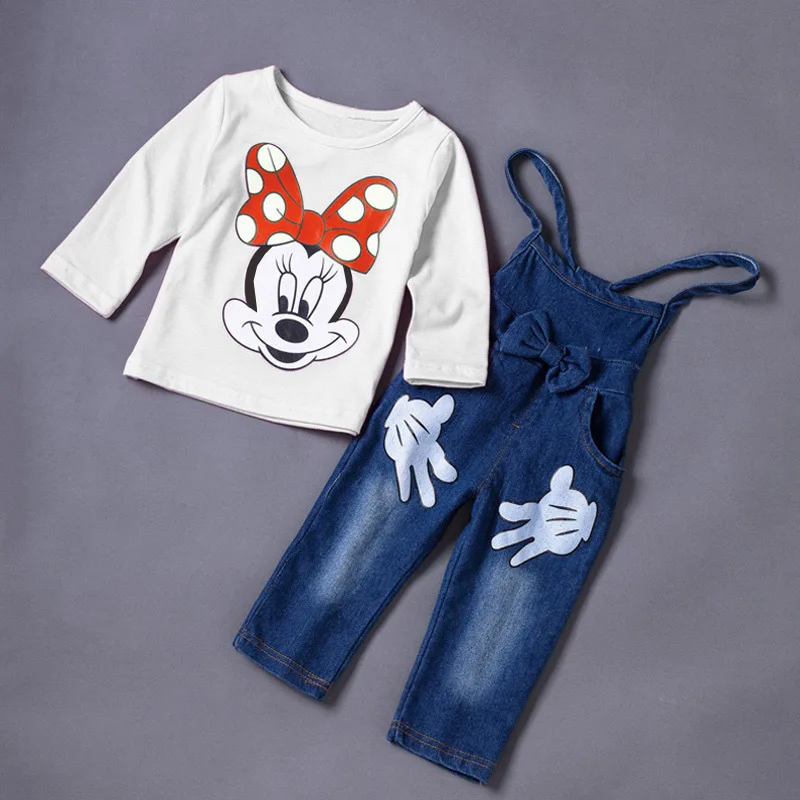 Комплект детской одежды с рисунком Минни и бантом; детская одежда; хлопковые джинсы с длинными рукавами для малышей; спортивные костюмы; детская одежда для девочек