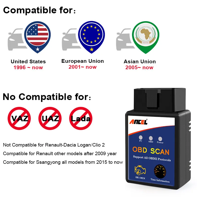 Ancel OBD2 сканер Bluetooth работает на Android ODB Автомобильный считыватель кода двигателя OBD