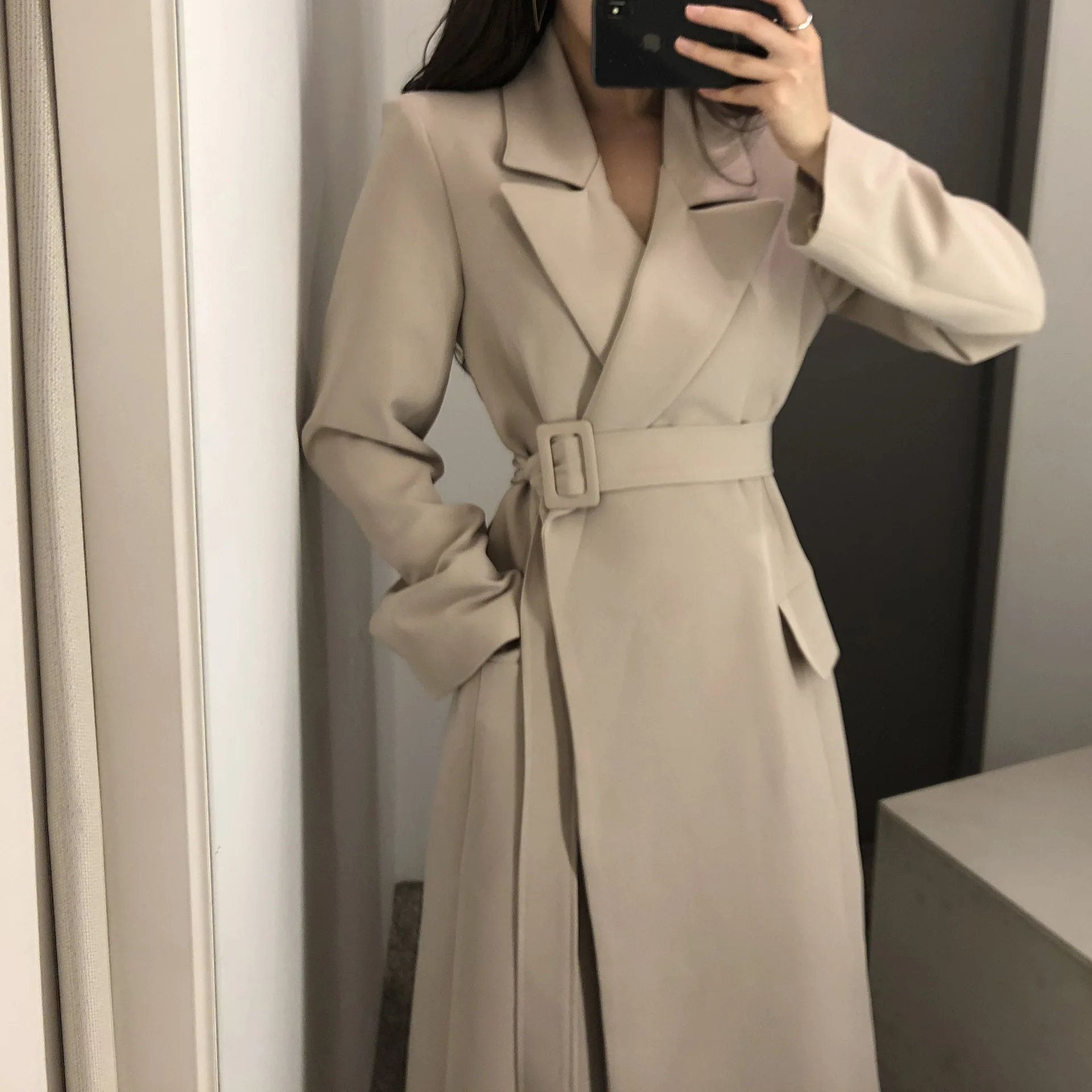 

South Korea French Elegant Fold-down Collar Waist Hugging Long Suit Jacket