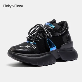 

new women Gothic black sneakers genuine leather cowide upper shining platform casual shoes outdoor young trendy ladies plus size