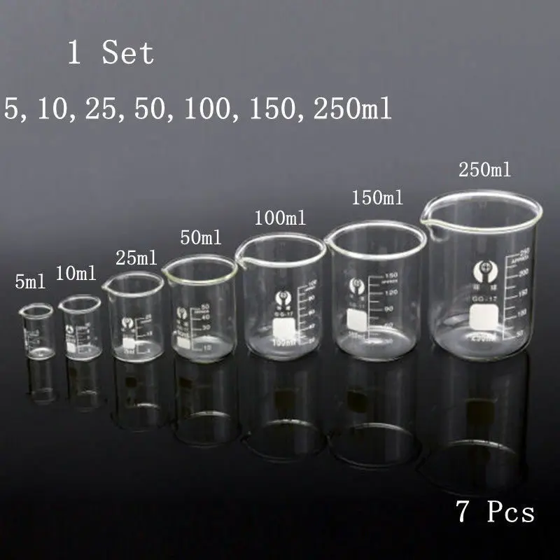 

1 set of 7 5/10/25/50/100/150/250ml low-form chemical laboratory borosilicate glass transparent beakers with extended mouth
