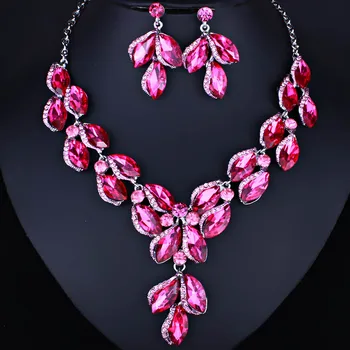 

FARLENA Wedding Jewelry Leaf Shape Multicolor Crystal Glass Necklace Earrings set for Women African Bridal Jewelry sets