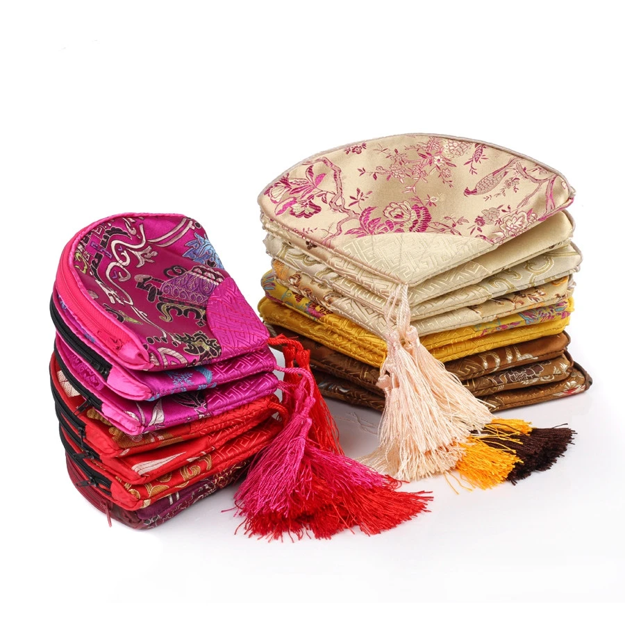 Bolso de mano con forma de abanico para mujer, monedero de Navidad, recuerdo de fiesta, brocado de seda, almacenamiento de joyas, Cosméticos de viaje, cartera teléfono, 30 Uds.|Envoltorios y bolsas de