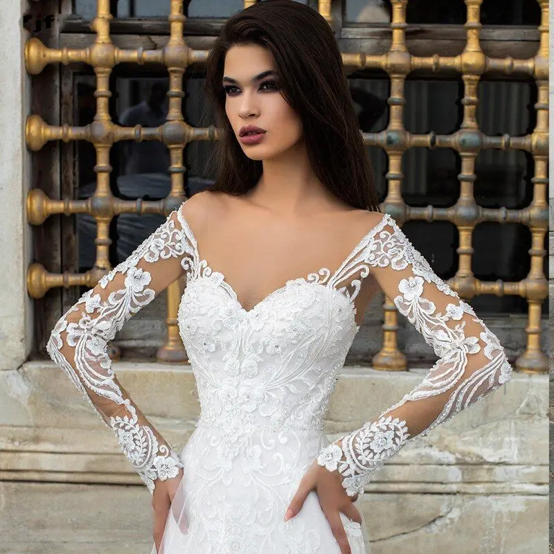 Appliques Vestido de Noiva Long Sleeve Mermaid Wedding Dresses with Lace Appliqued Illusion Button Back Custom