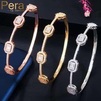 

Pera Dubai Full Sparkling Square Zirconia Wedding 585 Rose Gold Bracelets Jewelry Round Open Cuff Stackable Women Bangles Z064