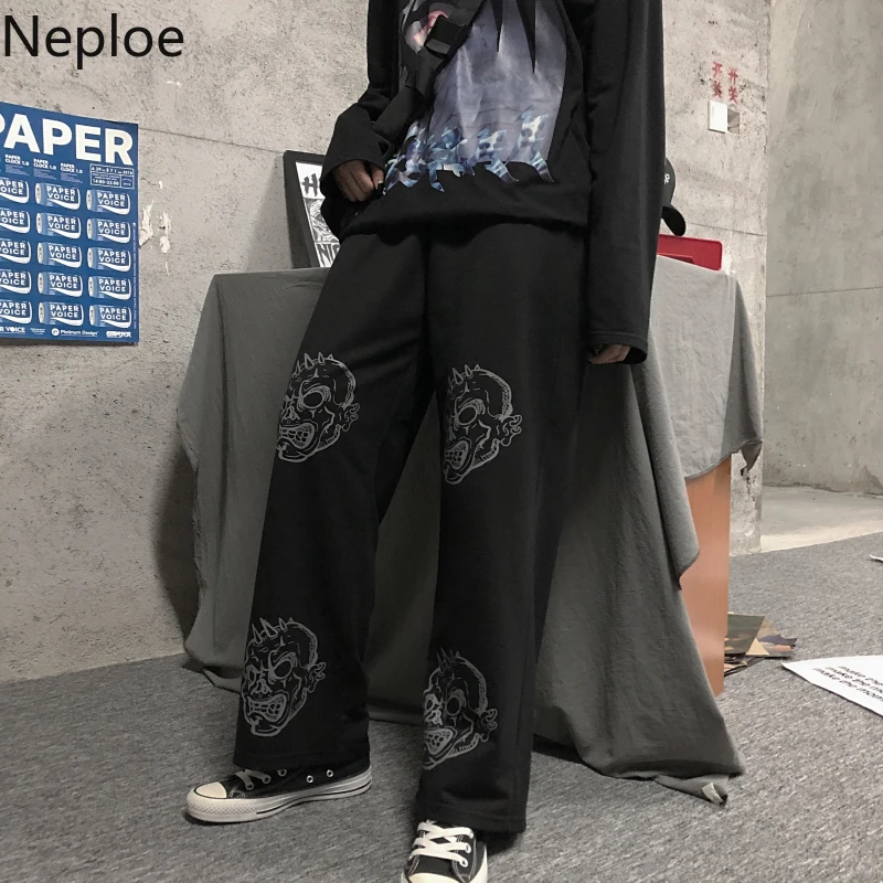 Neploe Harajuku, женские брюки с принтом черепа, весна, повседневные, тянущиеся, с талией, широкие, для женщин, мужчин, брюки, свободные, прямые, брюки 80592