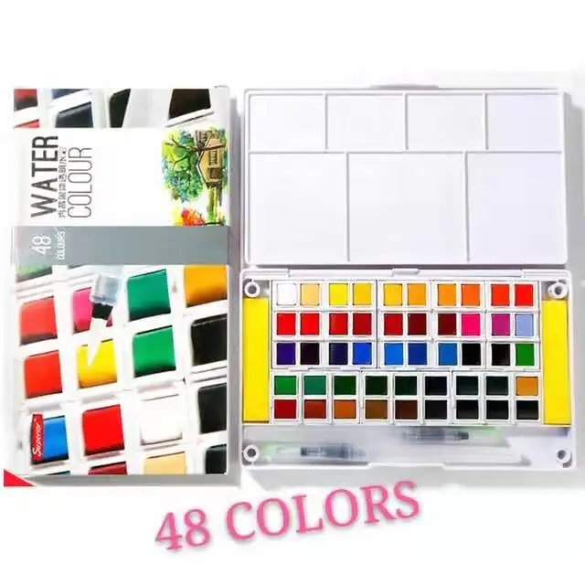 48colors Акварельные краски в наборе, набор для набросков водного цвета с кистью-футляр для путешествий включает в себя 2 кисти для воды, 2 губки, 1 палитра для смешивания, P - Цвет: 48colors