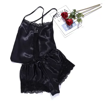

2Pcs Woman Summer Sexy Silk Short Sling Pajamas Set Loose Perspective Soft Camisole Elasticated Waist Bow Shorts Solid Colo