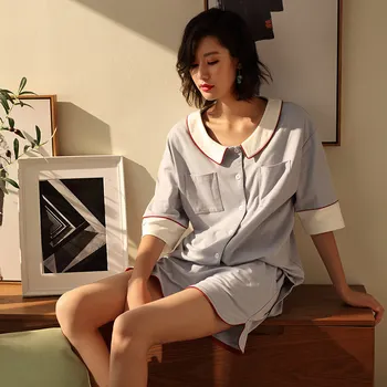 

Summer Cotton Womens Sleeping Pajama Set Round Neck Women Lingeries Loose Pijama Feminino Night Suit