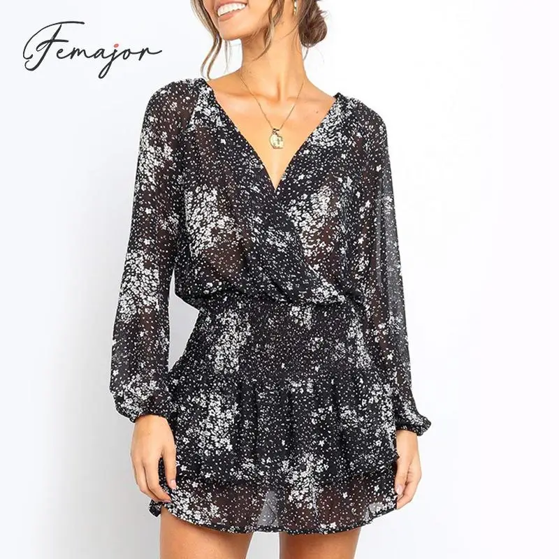 

Femajor Women Retro V Neck Chiffon Short Dress Female Winter Fashion Lantern Sleeve High Waist Min Dress Plus Size Party Vestido