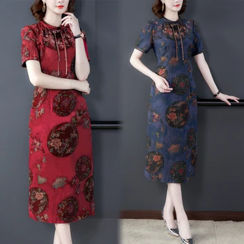 

2020 Summer New Modified Cheongsam Embroidery Women Print Dress Short Sleeve Midi Vestidos Elegantes Dresses Plus Size 4xl