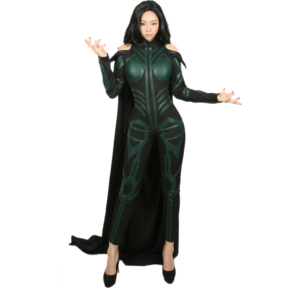 XCOSER Lady Hela костюмы, одежда для косплея, маскарадный костюм, нарядное платье, костюм на Хэллоуин, зеленый комбинезон с накидкой для женщин