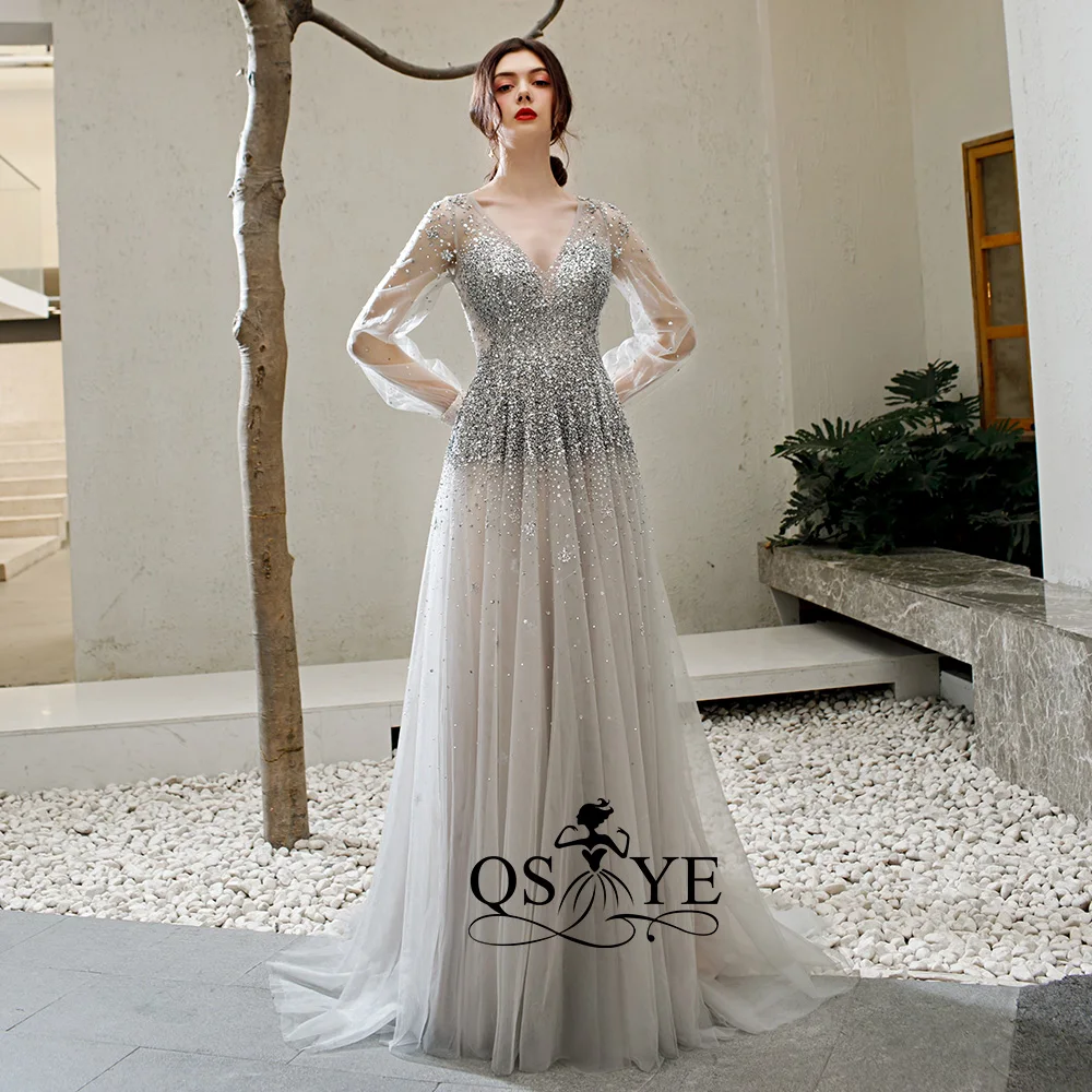 QSYYE 2019 ever pretty Длинные Выпускные платья Тюль v-образным вырезом с длинными рукавами без спинки украшенное бисером с длиной до пола вечернее