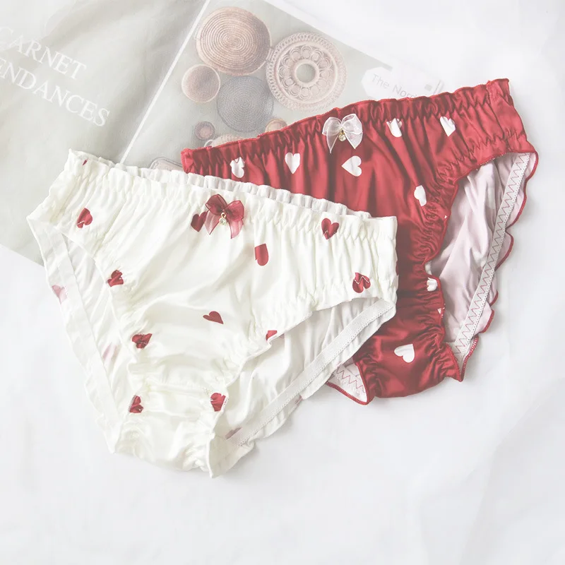 

Imitation Silk Satin Women Panties Heart Print Ruffle Sexy Low Waist Female Underwear Cute Lovely Sweet Girl Breifs Lingerie