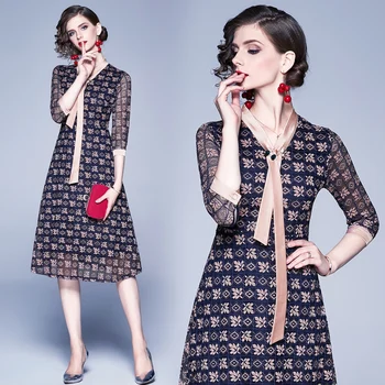 

womens lace Elegant Vintage autumn dress Floral slim party A-Line Skater midi Business office ladies work wear dresses clothes