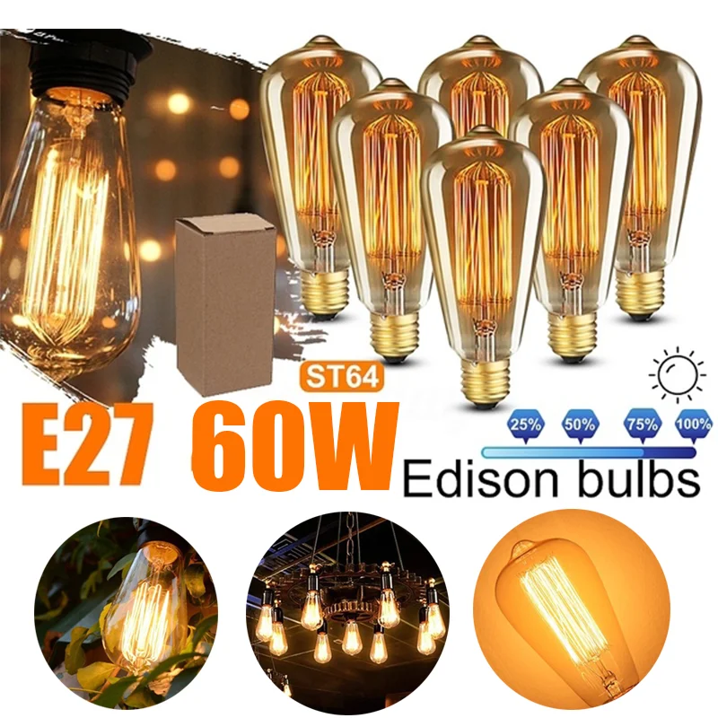 3-12Pcs 60W Retro Edison Bulb Tungsten Lamp E27 110V/220V Light Bulb ...