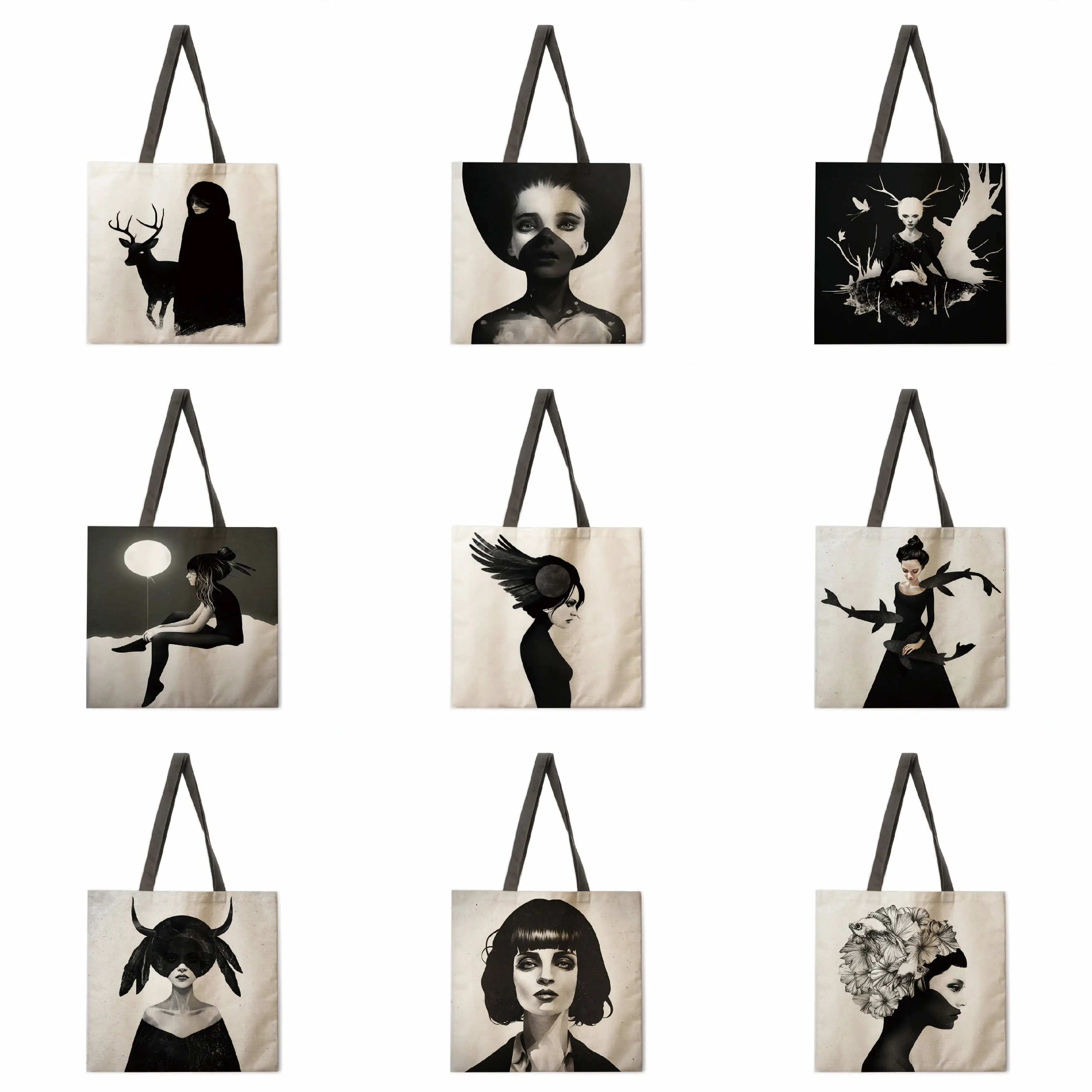 

Black and white cool color linen shopping bag ladies backpack foldable shopping bag beach tote bag handbag large bag female bag