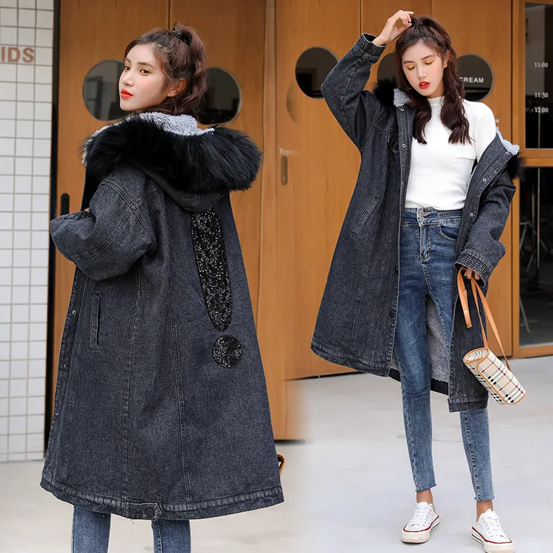 

2019 Autumn & Winter New Style Tops Hooded Genuine Fur Collar Mid-length Jeans Coat Women's Lambs Wool Cotton-padded Clothes Cot