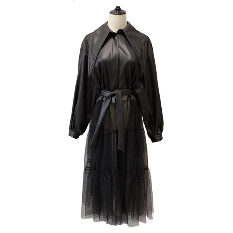 Finest  LANMREM 2020 Spring New Jackets Women Fashion Solid Color Long Mesh Gauze Stitching PU Leather Coat