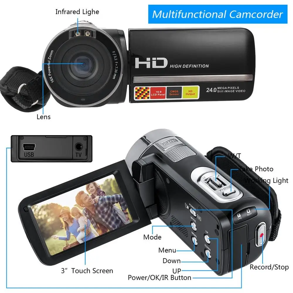 5,0 м HD CMOS сенсор 3,0 дюймов TFT вспышка цифровая камера 24,0 МП FHD ЖК-экран вращения цифровая камера с 16X цифровым зумом