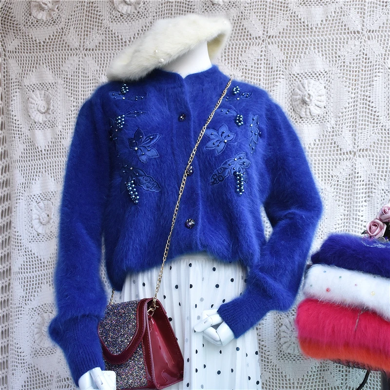 Femeal's  clothing vintage emboridery coat long sleeves beading angora rabbit fur hand knitted autumn wear jacket cardigans coat
