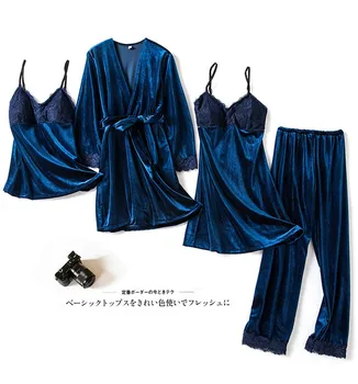 

Loose Sexy Nightgown 4PCS Robe Set Velour Women Sleepwear Kimono Bathrobe Gown Casual Pajamas Sexy Lace Trim Home Clothing