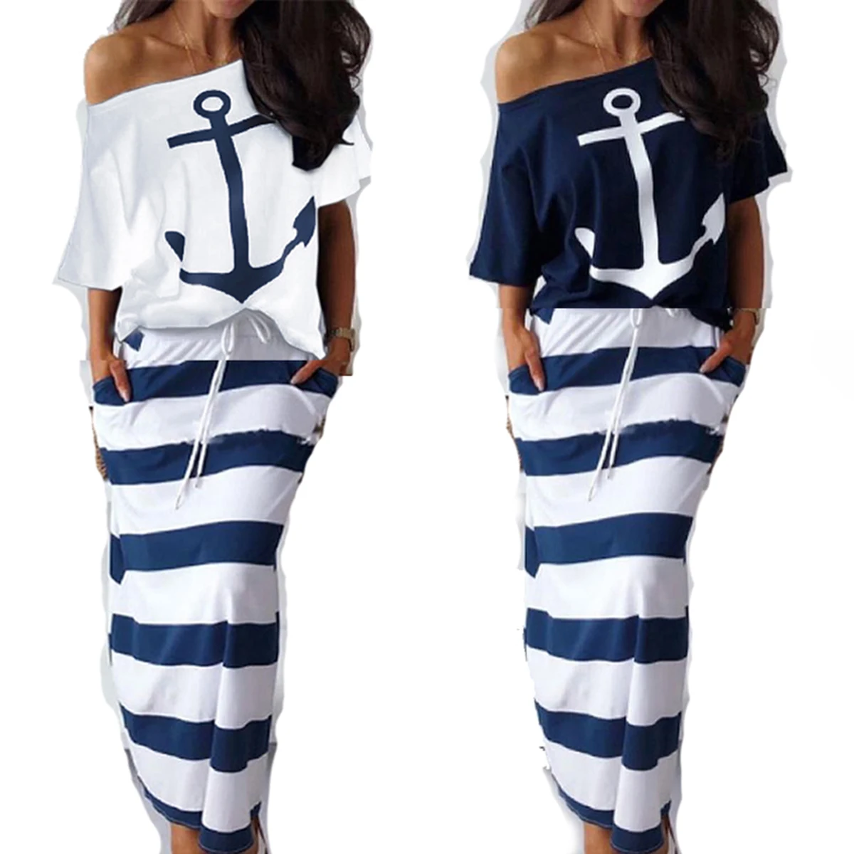 Fanbety women sexy off shoulder Two Piece Sets dress Boat Anchor Print Shirts Striped dress Sets Lady casual Ankle-Length dress multicolor stretch jeans whitewashed design women s high waist sexy ankle length pants office lady skinny pencil pants