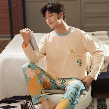 

Striped Cotton Men's Long Sleeve Pyjamas Set Spring Turn Down Blue Male Nightwear Pants Pajama Sets 2020 Korean Sleepwear Suits