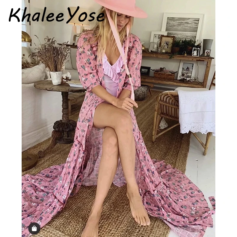KHALEE YOSE розовый Stormi многоуровневые Платья с запахом осень цветочный принт Макси женское платье с v-образным вырезом на шнуровке с оборками длинное праздничное платье