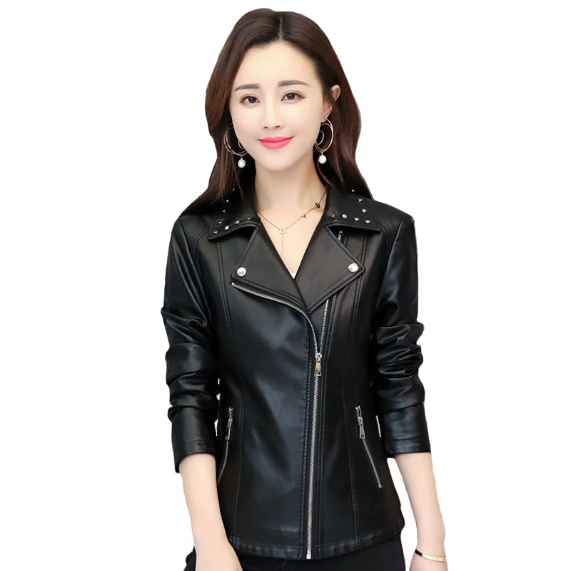 

Fashion Pu Leather Jacket Women Rivet Motorcycle Coat Autumn Winter Short Faux Leather Biker Jacket Plus Cotton Slim Black Coats