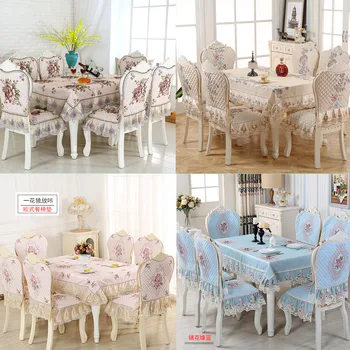 

European Linen Dining Tablecloth Chair Cover Cushion Set Classical Jacquard Lace Table Cover Round\Rectangle Furniture Cover AS