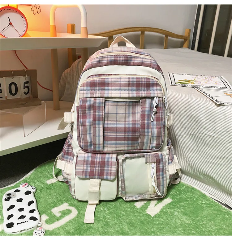 Kawaii College Style Canvas Grid Backpack - Limited Edition