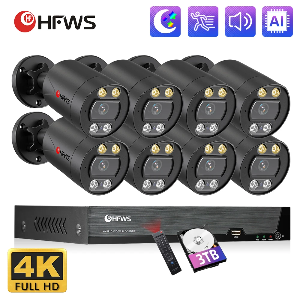 Sistema de cámaras de seguridad POE 4K, conjunto de videovigilancia de 8 MP, kit NVR de 8 canales, grabación de CCTV, IP, al aire libre