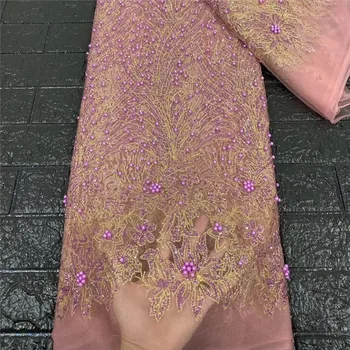 

African Wine beads Sequins Lace Fabric 2020 Hot Sale Nigerian Wedding Dress High Quality pink/gold French Net Mesh Lace