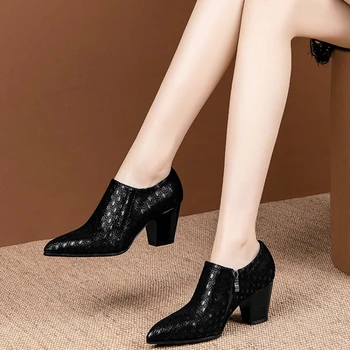 

Spring autumn New Fashion Genuine Leather Women Pumps Thick High Heel Deep Mouth Work party wedding Shoes plus size 33-50 YM-6